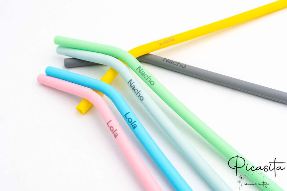 Set de pajitas de silicona personalizadas con grabado láser en colores pastel para niños