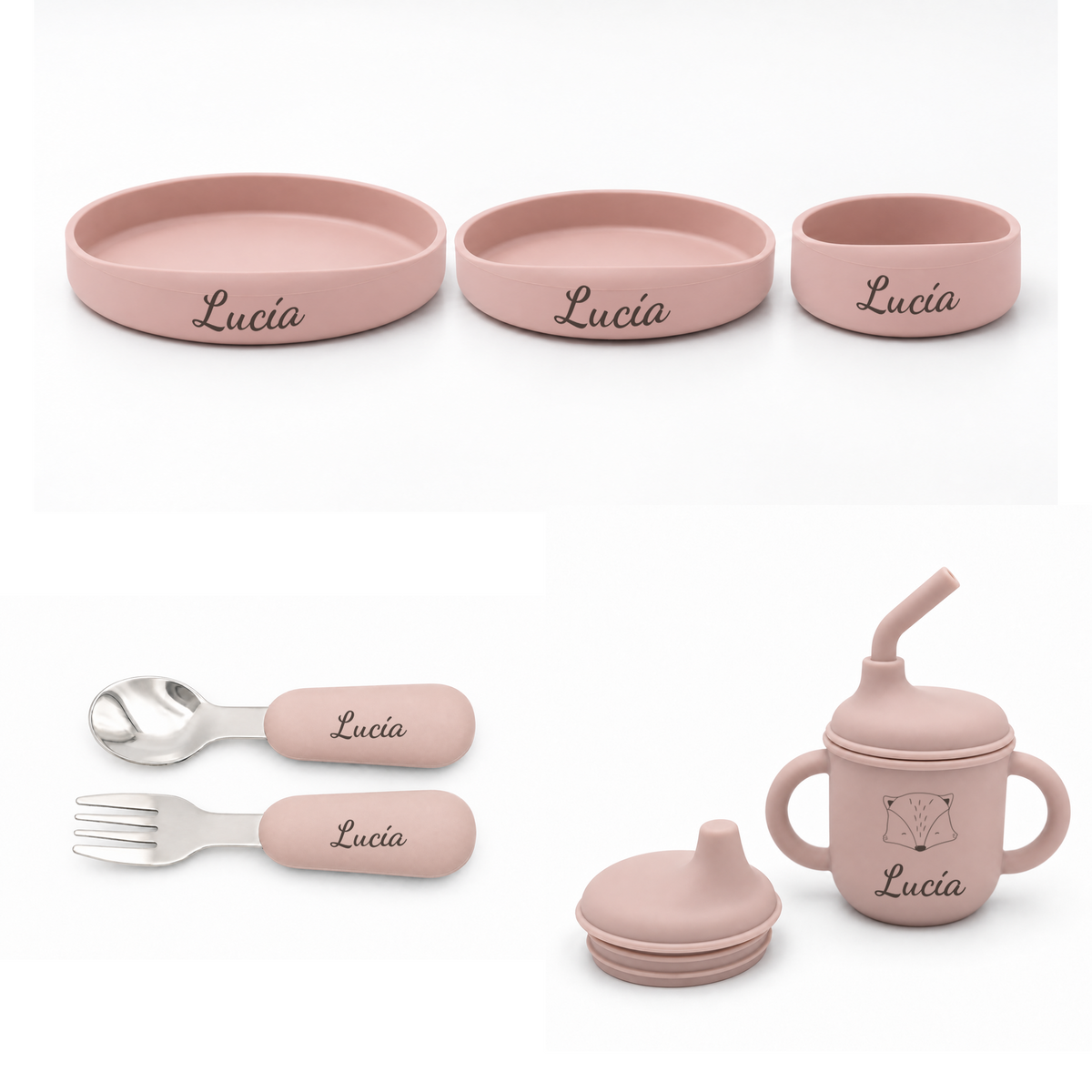 Vajilla de bebé personalizada de 6 piezas en Rosa Clarito, con nombre y animalito en el vaso