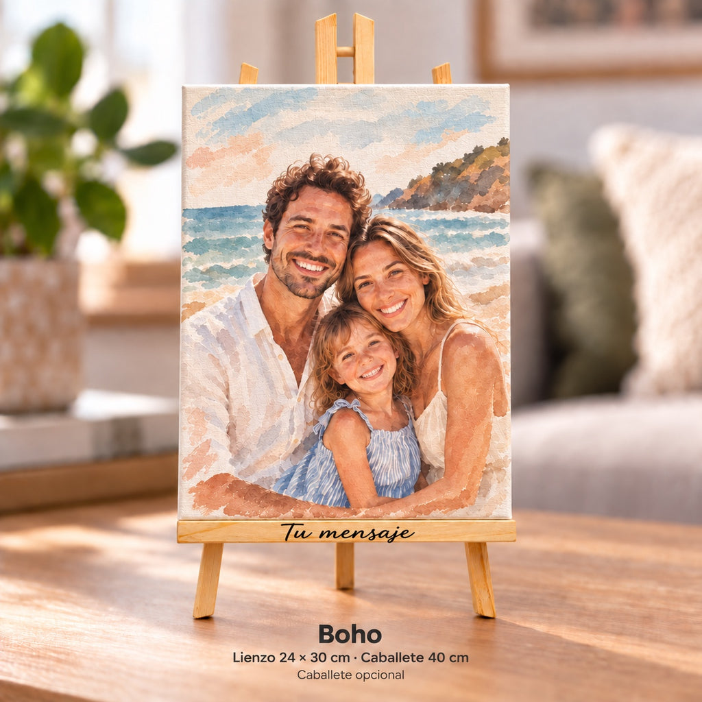Familienfoto im Boho-Stil, gedruckt auf Leinwand im Format 24 × 30 cm, auf einer Staffelei von 40 cm