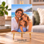 Familienfoto im 3D-Animationsstil, gedruckt auf Leinwand im Format 30 × 40 cm, auf einer Staffelei von 50 cm