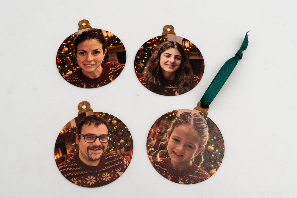 Vier runde Anhänger mit Porträts und Weihnachtspullovern.