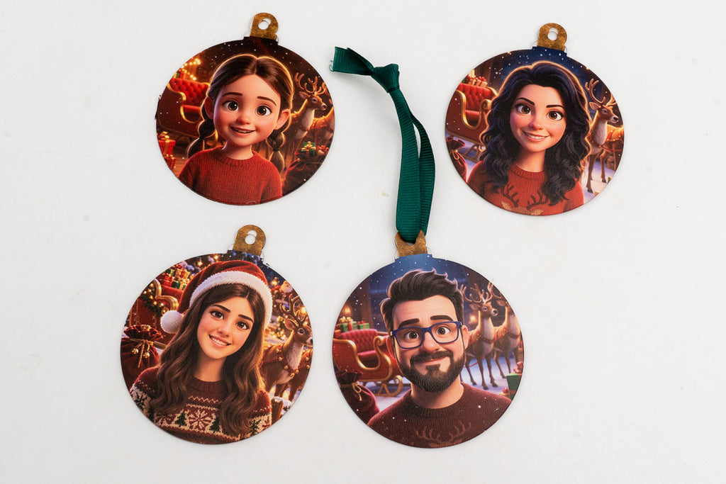 Vier flache Anhänger mit 3D-Animationsfiguren und Weihnachtsmann-Hintergrund.