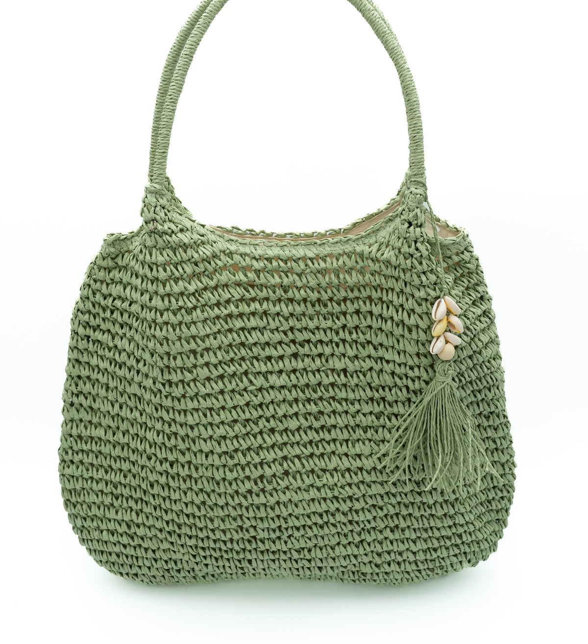Grüne Strandtasche mit Reißverschluss und Fransen