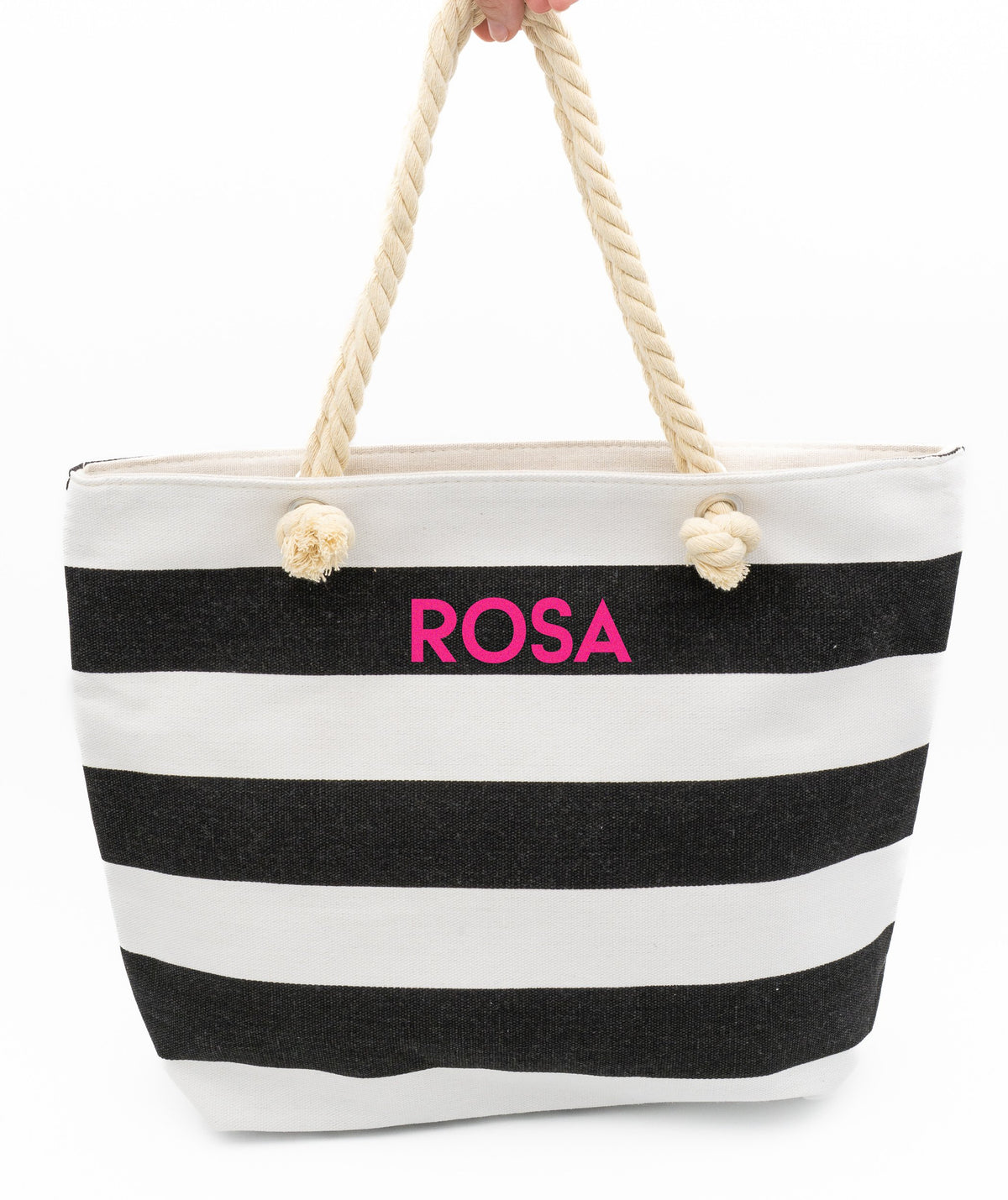 Bolso marinero de lona a rayas blancas y negras con asas de cuerda y nombre personalizado.