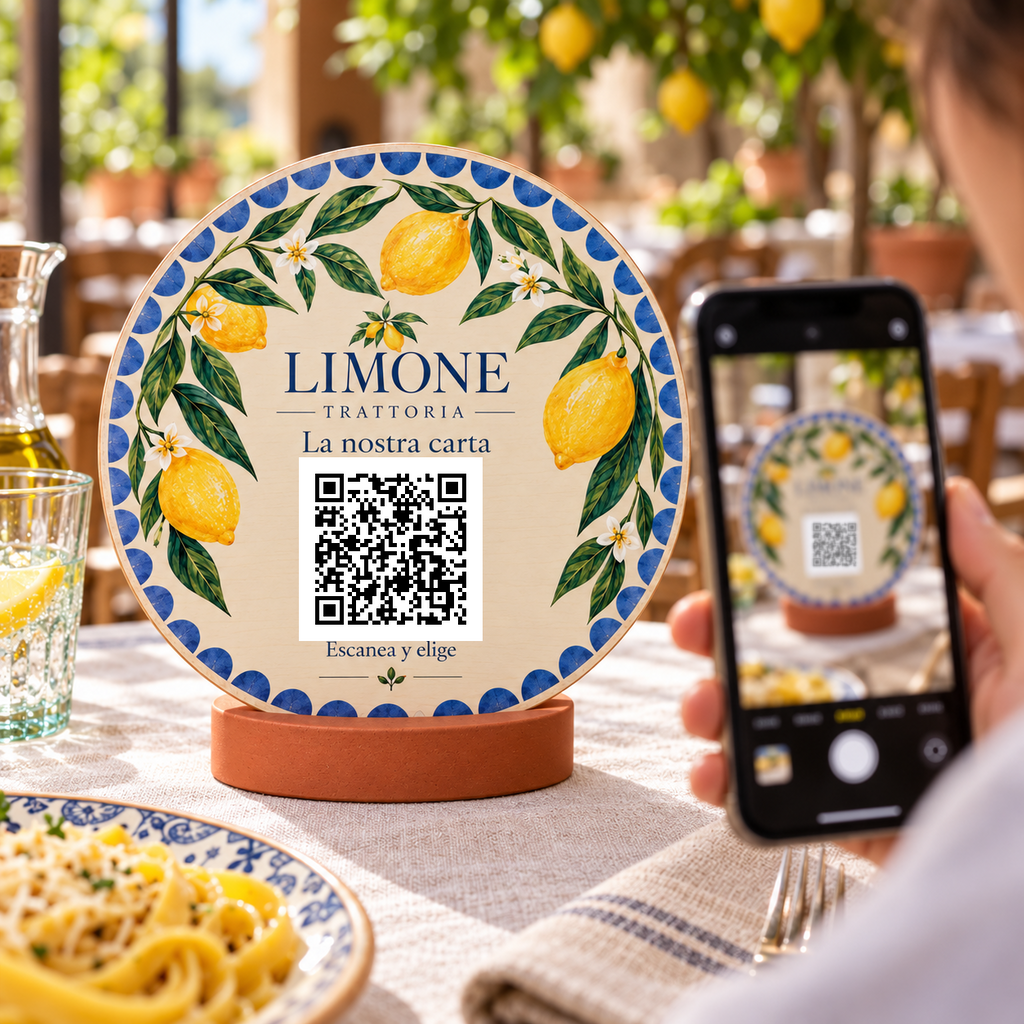 Simulation von Mediterranes Speisekartenschild mit QR-Code und Standfuß · Anwendungsansicht