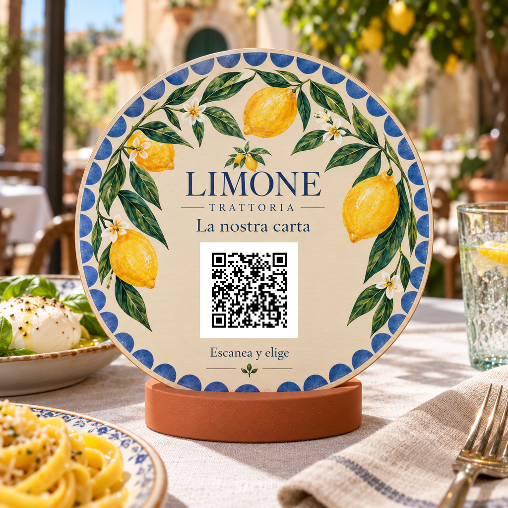 Simulation von Mediterranes Speisekartenschild mit QR-Code und Standfuß · Beispiel 1