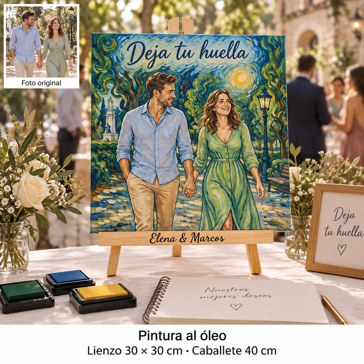 Lienzo de boda de 30 × 30 cm con retrato estilo óleo y el mensaje «Deja tu huella», junto a una lámina de huellas y tintas.