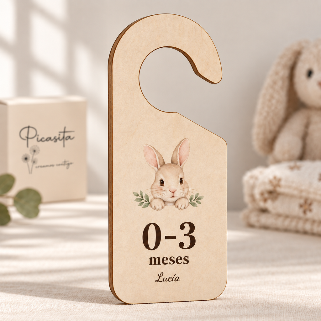 Separador con nombre, Animalitos acuarela, contrachapado con impresión a color y corte láser, abertura inferior. Caja Picasita desenfocada al fondo. Simulación del acabado.