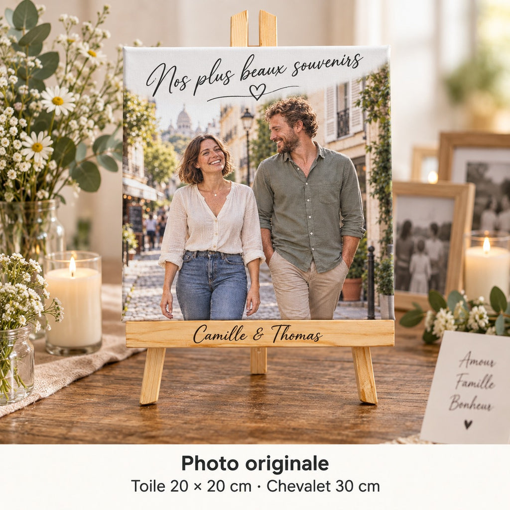 Lienzo de 20 × 20 cm con foto preboda de Camille y Thomas y «Nos plus beaux souvenirs», en un rincón de recuerdos de boda.