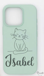 Funda verde pastel personalizada con dibujo de gato sentado y nombre Isabel.