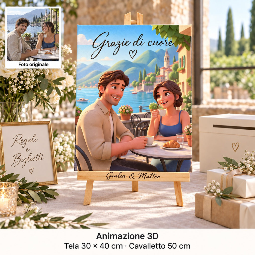 Lienzo de 30 × 40 cm con retrato en animación 3D y «Grazie di cuore», sobre caballete personalizado en la mesa de regalos de boda.