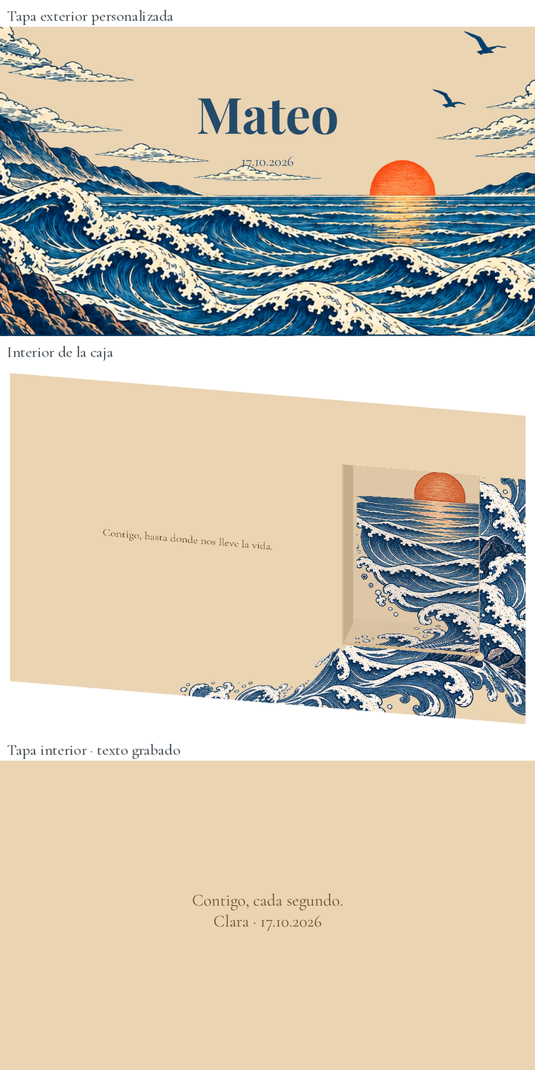 Digitale Darstellung: Personalisierte Uhrenbox für den Bräutigam — Marea serena. Holzbox mit 24 × 16 cm; Uhr nicht enthalten.