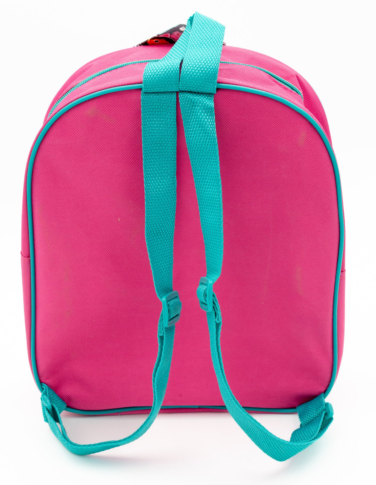Rückseite eines einfarbig rosa Kinderrucksacks mit blaugrünen verstellbaren Trägern