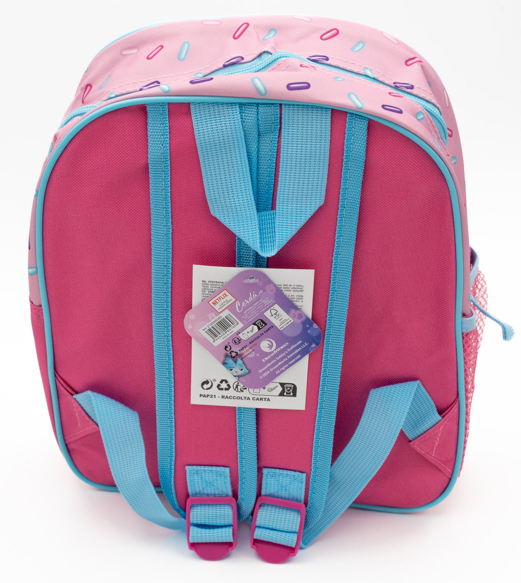 Rückseite eines rosa Schulrucksacks mit verstellbaren blauen Trägern und oberem Tragegriff