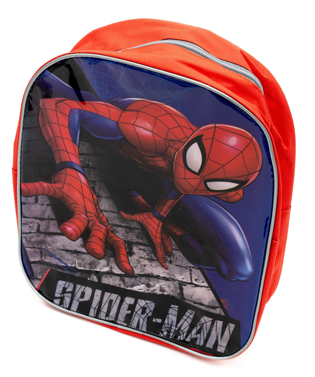 Roter Spiderman-Rucksack mit glänzender Front und grauem oberen Reißverschluss