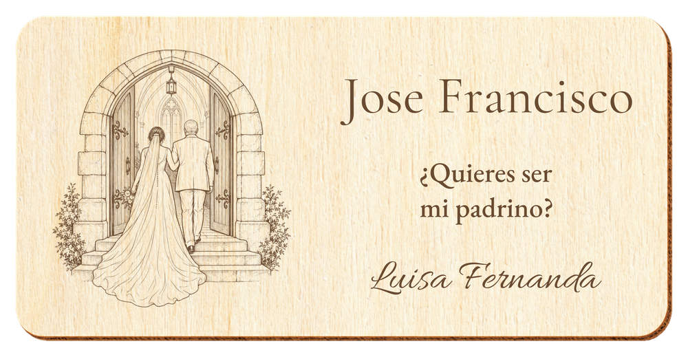 Simulation eines Schildes für den Hochzeitspaten, Lasergravur auf Sperrholz, Motiv Einzug in die Kirche, Jose Francisco und Luisa Fernanda, Figuren von hinten ohne sichtbare Gesichter.