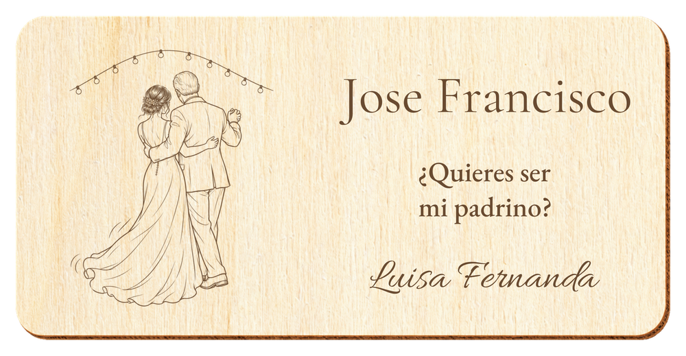Simulation eines Schildes für den Hochzeitspaten, Lasergravur auf Sperrholz, Motiv Der erste Tanz, Jose Francisco und Luisa Fernanda, Figuren von hinten ohne sichtbare Gesichter.