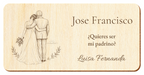 Simulation eines Schildes für den Hochzeitspaten, Lasergravur auf Sperrholz, Motiv Vor dem Ja, Jose Francisco und Luisa Fernanda, Figuren von hinten ohne sichtbare Gesichter.