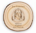 Simulation eines Schildes für den Hochzeitspaten, Lasergravur auf Paulownia, Motiv Einzug in die Kirche, Jose Francisco und Luisa Fernanda, Figuren von hinten ohne sichtbare Gesichter.