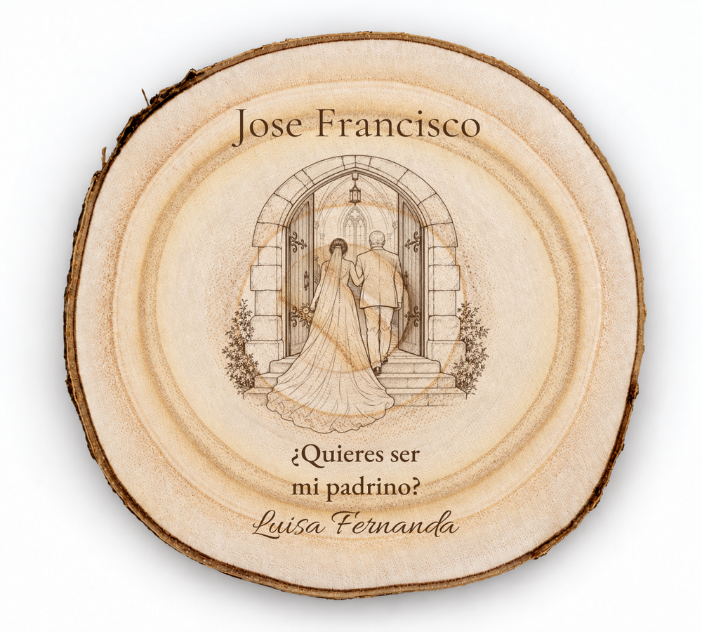Simulation eines Schildes für den Hochzeitspaten, Lasergravur auf Paulownia, Motiv Einzug in die Kirche, Jose Francisco und Luisa Fernanda, Figuren von hinten ohne sichtbare Gesichter.
