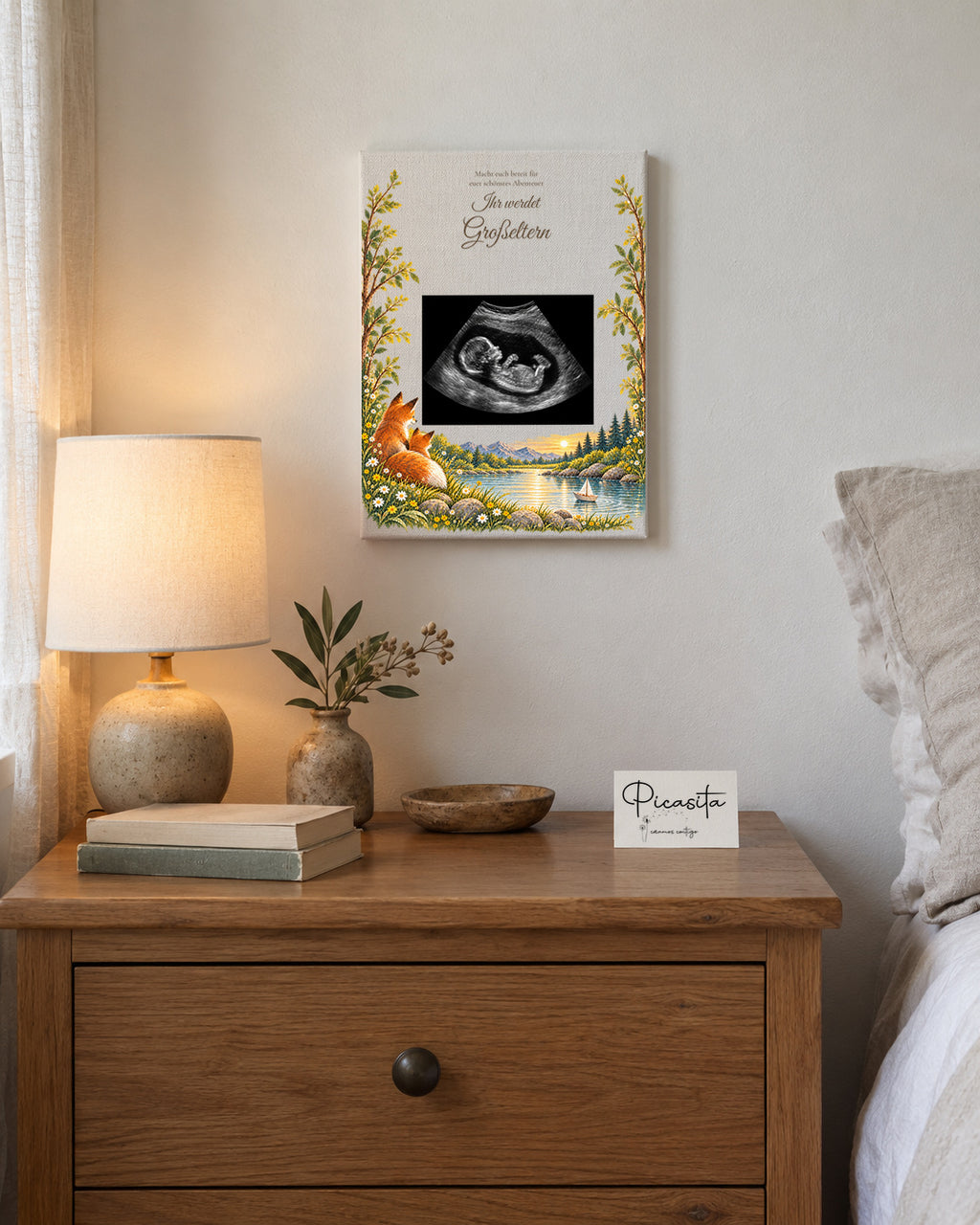 Simulierte Vorschau: Abenteuer auf Leinwand, 15 × 20 cm, mit synthetischem Ultraschallbild zur Illustration. Wandszene.