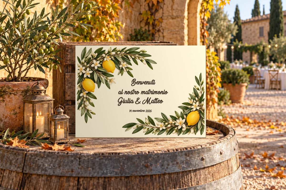 A3-Willkommensschild zur Hochzeit in Farbe, Design Mediterráneo, mit Text auf Italienisch, an eine Kiste auf einem Fass gelehnt.