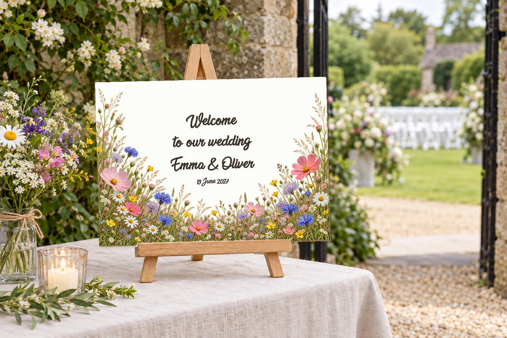 A3-Willkommensschild zur Hochzeit in Farbe, Design Pradera, mit Text auf Englisch, auf einer Tischstaffelei am Garteneingang.