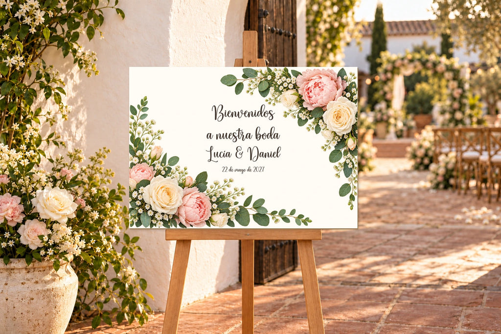 A3-Willkommensschild zur Hochzeit in Farbe, Design Rosas, mit Text auf Spanisch, auf einer Staffelei in einem Innenhof.