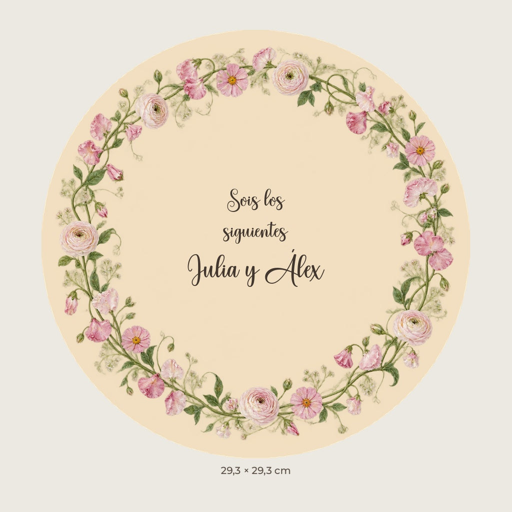 Digitale Vorschau: rundes Schild mit zartrosa Blumen und dem Text „Sois los siguientes“ für Julia und Álex, Beispielnamen.