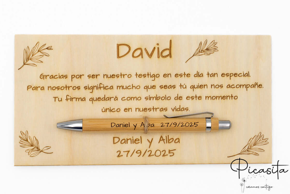 Lasergravierte Dankesplatte für den Trauzeugen David, mit Bambus-Kugelschreiber